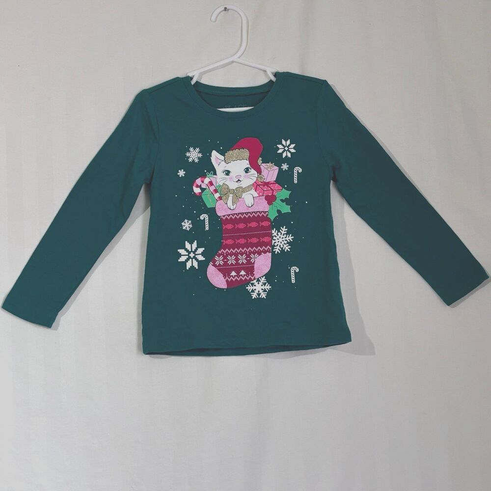 The Children's Place Girls Christmas Long Sleeve Cat Stocking Graphic Tee XS 4